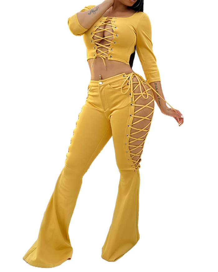 Women's Solid Color Long Sleeve Strappy Crop Tops Strappy Wide Leg Pants Sets Two Pieces Outfit Pink Yellow Black Blue S-2XL