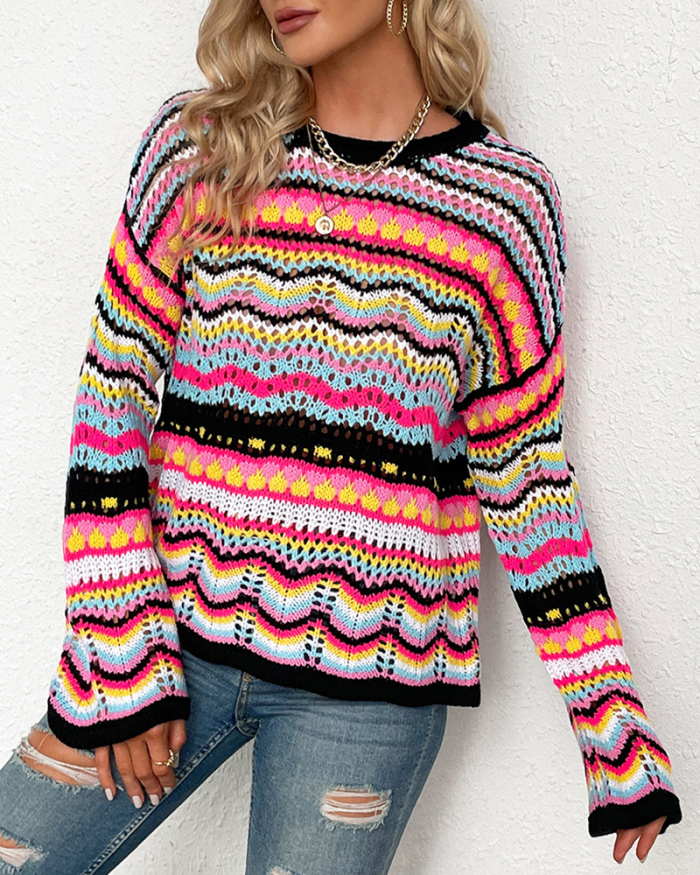Casual Colorful Striped Long Sleeve Patchwork Crewneck Knitting Sweater Tops Green Black Blue Orange S-XL