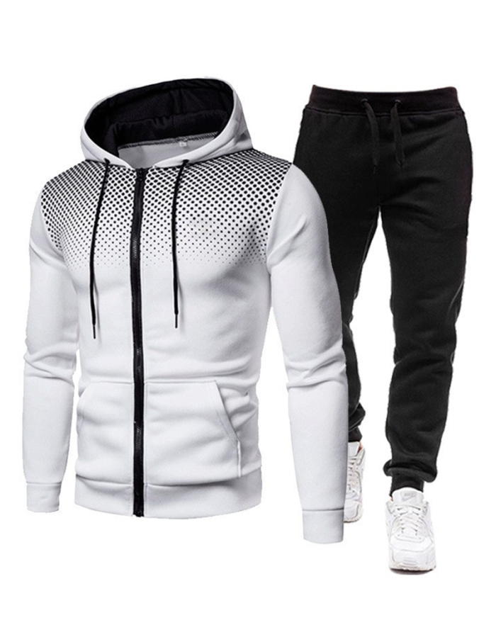 Men Printing Casual Hooded Street Style Two Piece Set White Red Gray Black Blue S-3XL
