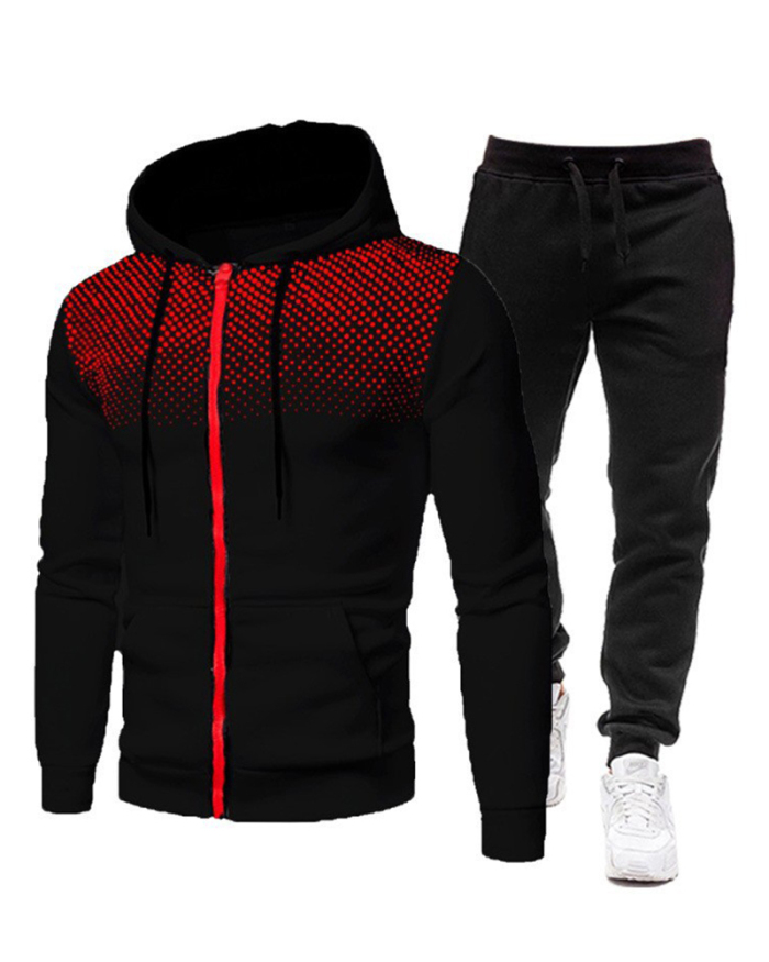 Men Printing Casual Hooded Street Style Two Piece Set White Red Gray Black Blue S-3XL