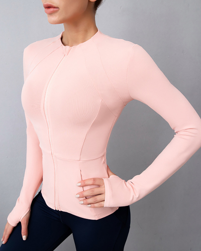 Round Neck Workout Longsleeved Zipper Tight-Fitting Slimming Sports Jacket Yoga Solid Color S-XL