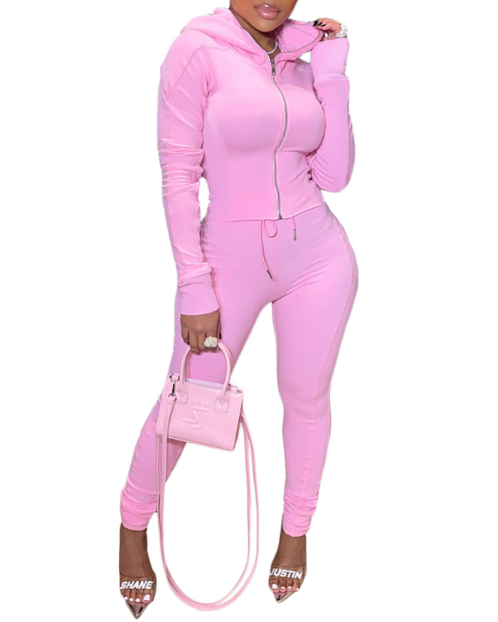 Fashion Ladies Long Sleeve Solid Color Zipper Tops Slim Pants Sets Two Pieces Outfit Pink Orange Black Blue S-2XL
