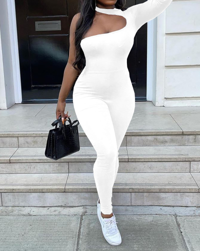 Women Solid Color One Long Sleeve Slim Jumpsuits White Black S-2XL