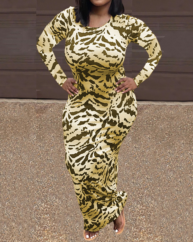  Women Long Sleeve O-neck Fashion Printed Slim Maxi Dresses Blue Yellow Red Black S-2XL