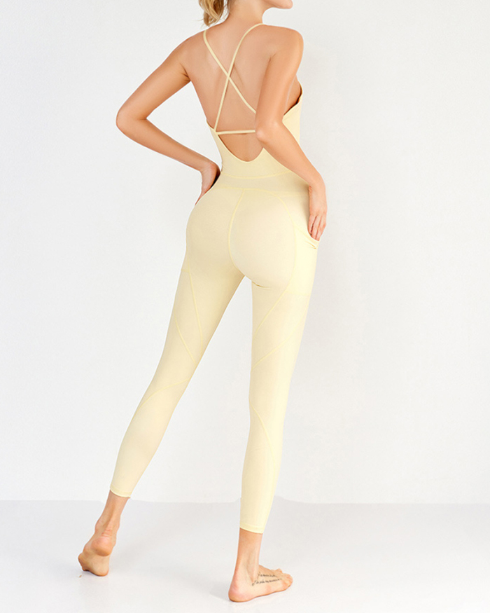 Yoga Backless Ballet Dance Jumpsuit Yoga Fitness with Chest Pad Solid Color S-XL
