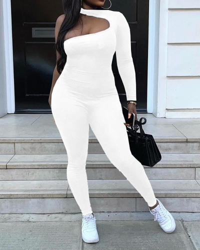 Women Solid Color One Long Sleeve Slim Jumpsuits White Black S-2XL