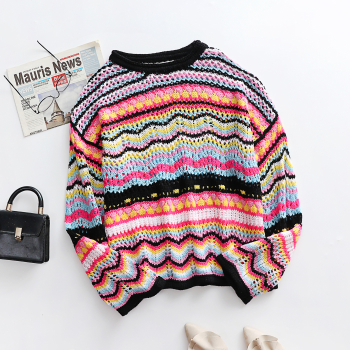 Casual Colorful Striped Long Sleeve Patchwork Crewneck Knitting Sweater Tops Green Black Blue Orange S-XL