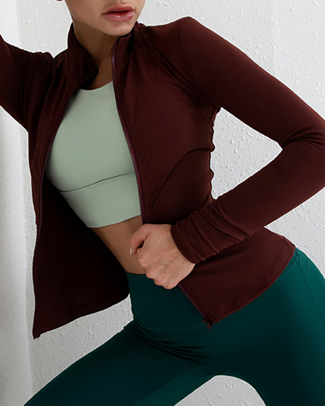 New Yoga Workout Clothes Slim High Stretch Stand Collar Cardigan Zipper Sports Long Sleeve Top S-XL