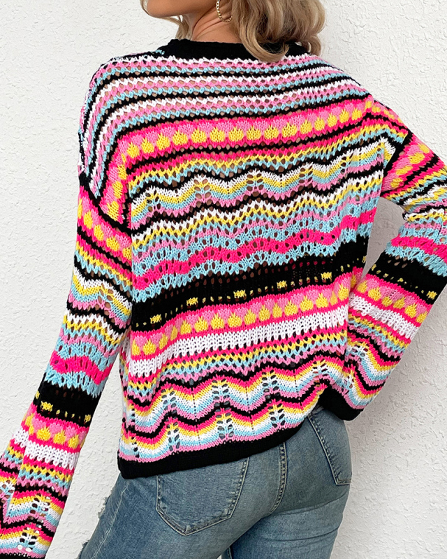 Casual Colorful Striped Long Sleeve Patchwork Crewneck Knitting Sweater Tops Green Black Blue Orange S-XL