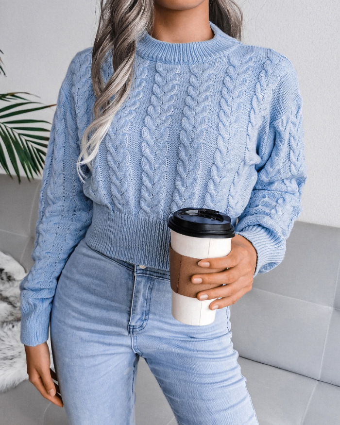 Women's Fashion Solid Color Long Sleeve Twist Waist Knitted Crop Sweater White Grey Blue S-L