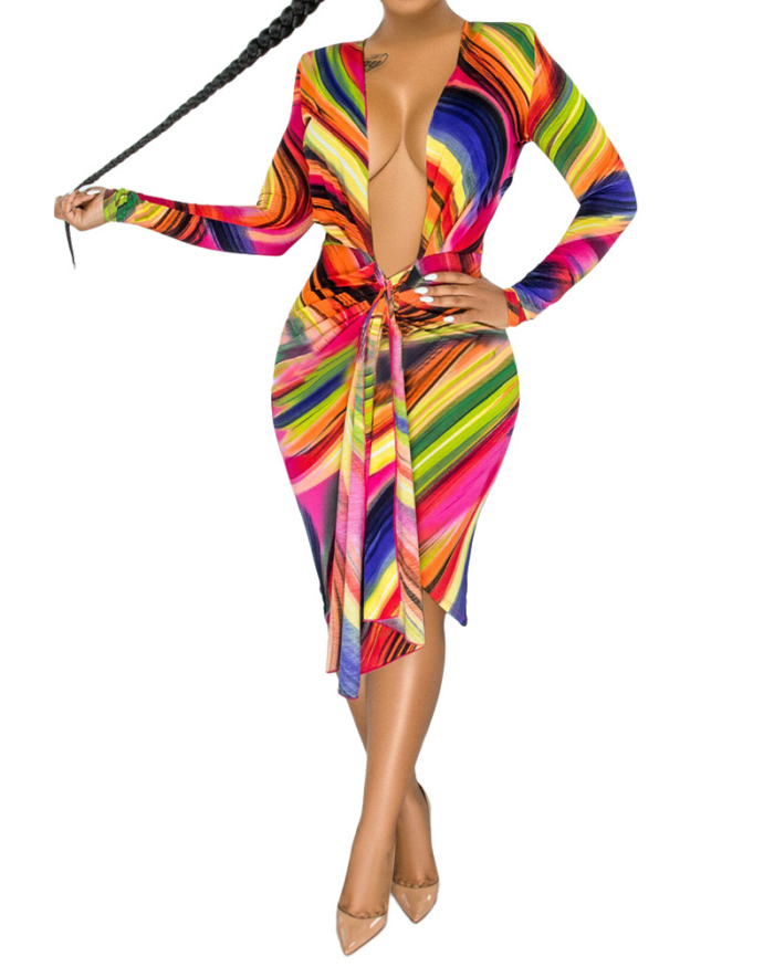 Women Long Sleeve Colorful Deep V Neck Midi Irregular Dress S-2XL