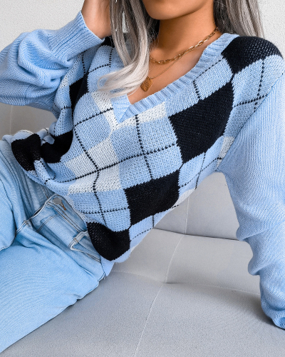 Women Casual Rhombus V-neck Long Sleeve Sweater Khaki Grey Blue S-L