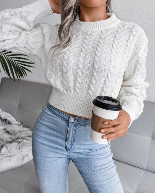 Women's Fashion Solid Color Long Sleeve Twist Waist Knitted Crop Sweater White Grey Blue S-L