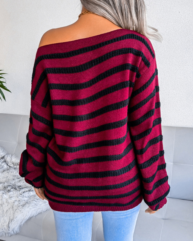 Casual Basic One Shoulder Women Striped Slash Neck Long Sleeve Sweater White Blue Red S-L