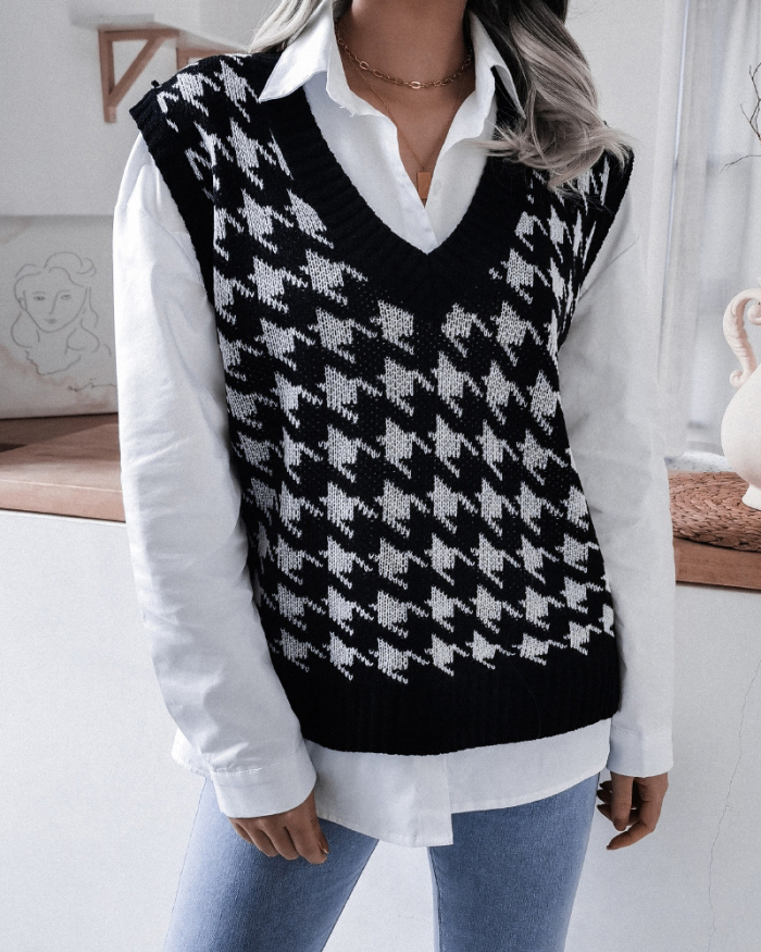 Hot Sale Casual Loose Women V-neck Houndstooth Sleeveless Sweater Vest Khaki Red Black Apricot Blue S-L