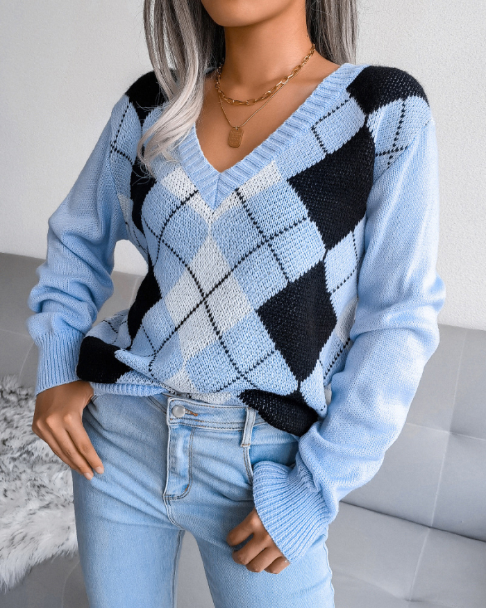 Women Casual Rhombus V-neck Long Sleeve Sweater Khaki Grey Blue S-L