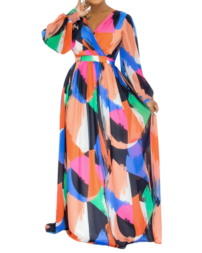 Women Long Sleeve V-neck Colorful Backless Sexy Maxi Dresses S-2XL