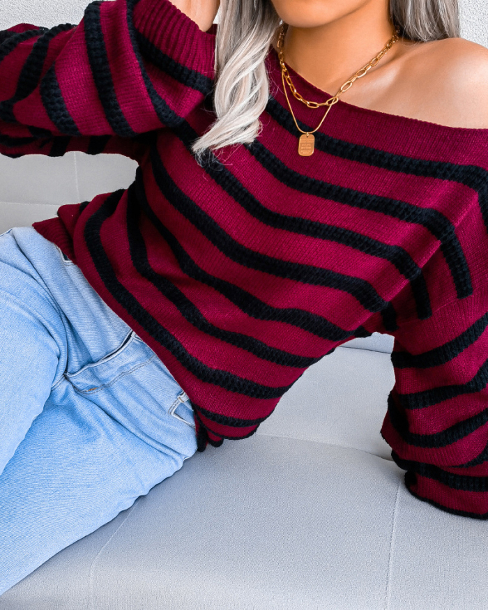 Casual Basic One Shoulder Women Striped Slash Neck Long Sleeve Sweater White Blue Red S-L