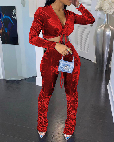 Women Long Sleeve V-neck Velvet Crop Tops Ruched Pants Sets Two Pieces Outfit Red Gray Black Blue Green Brown S-2XL