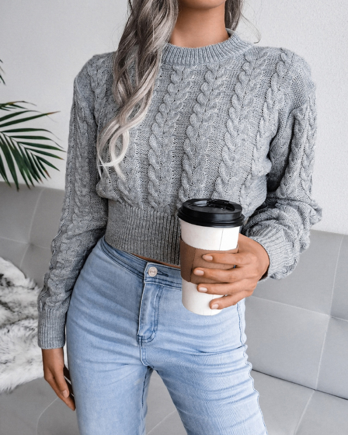 Women's Fashion Solid Color Long Sleeve Twist Waist Knitted Crop Sweater White Grey Blue S-L