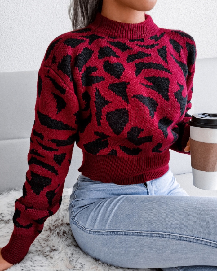 Top Sale Fashion Crewneck Leopard Women Long Sleeve Sweater Khaki Red Blue Gray S-L