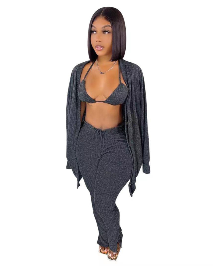 Wholesale Fashion Casual Solid Cardigan Vests Pants Long Sleeve Three-piece Set S-XXL