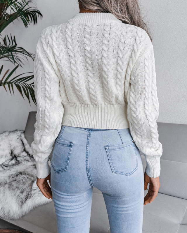 Women's Fashion Solid Color Long Sleeve Twist Waist Knitted Crop Sweater White Grey Blue S-L