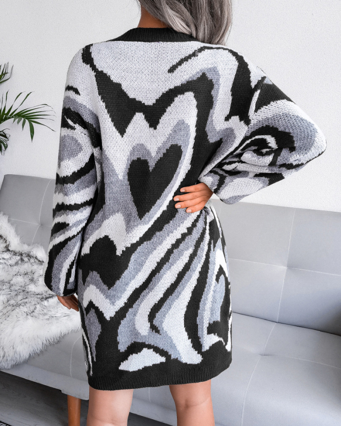 Women Crewneck Long Sleeve Heart Printed Mini Sweater Dresses Brown Khaki Black S-L