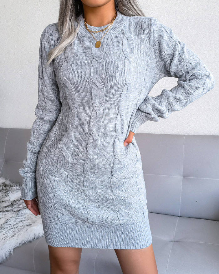 Hot Sale Autumn New Twist Long Sleeve Solid Color Women Sweater Dresses Khaki Grey White S-L