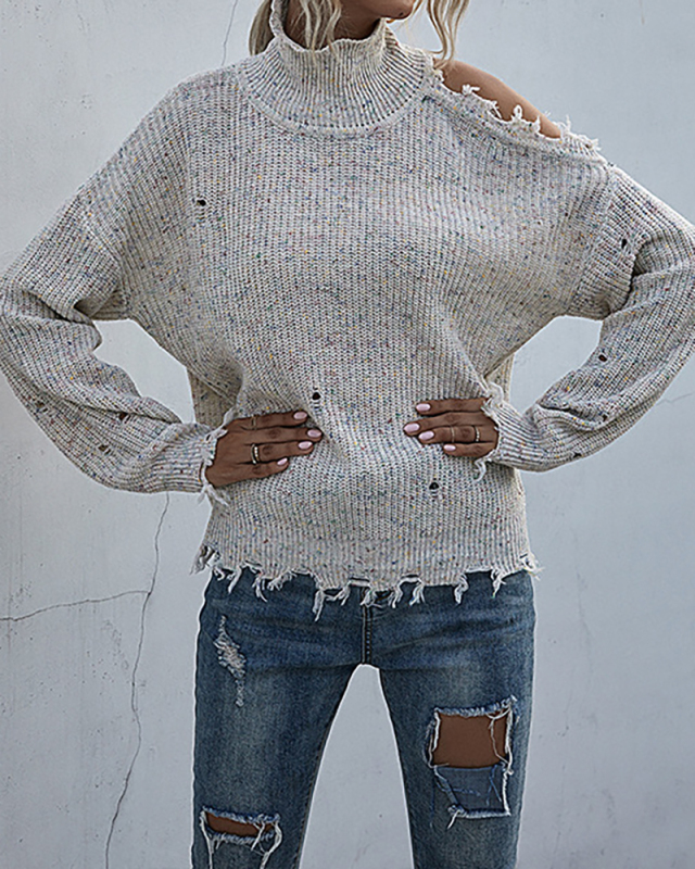 Women Long Sleeve High Neck Hollow Out Shoulder Fashion Knitting Sweater Black Beige Wine Red Deep Grey S-L