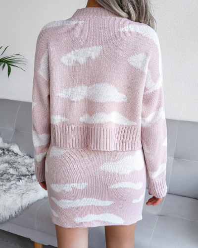Women Long Sleeve Clouds Printed Crewneck Skirt Sets Two Pieces Outfit Pink Grey Blue S-L