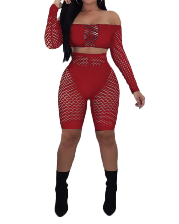 Women Long Sleeve Solid Color Mesh Hollow Out Off Shoulder Pants Sets Three Pieces Outfit White Red Black S-3XL
