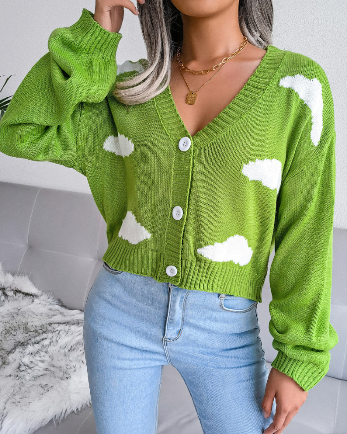Women Fall&Winter Long Sleeve Clouds Printed Knitting Cardigans Pink Green Blue S-L
