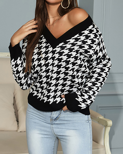 Women Fashion Long Sleeve Houndstooth V-neck Knitting Sweater Black Wine Red Coffee S-XL