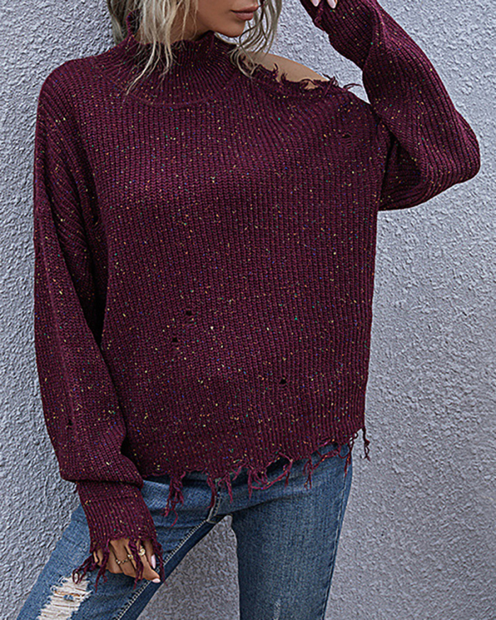 Women Long Sleeve High Neck Hollow Out Shoulder Fashion Knitting Sweater Black Beige Wine Red Deep Grey S-L