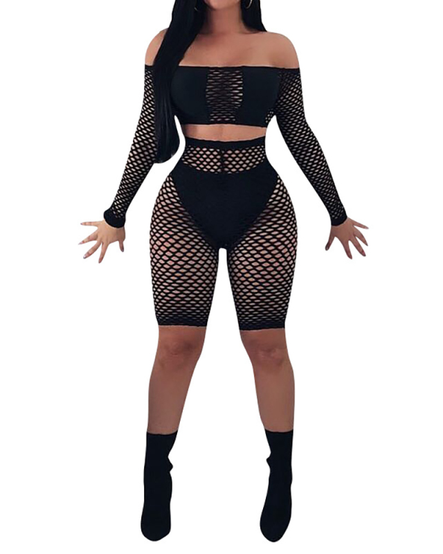 Women Long Sleeve Solid Color Mesh Hollow Out Off Shoulder Pants Sets Three Pieces Outfit White Red Black S-3XL