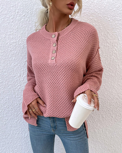 Women Solid Color O-Neck Long Sleeve Split Top Sweater Pink Gray Black Khaki White Red Green S-XL 