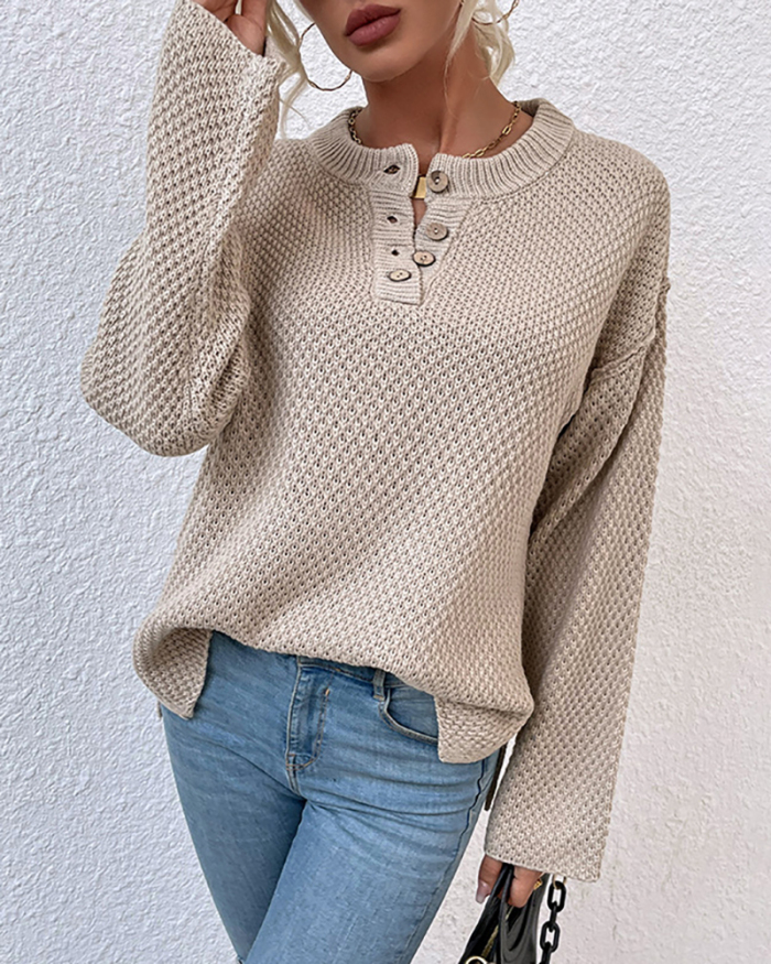 Women Solid Color O-Neck Long Sleeve Split Top Sweater Pink Gray Black Khaki White Red Green S-XL 