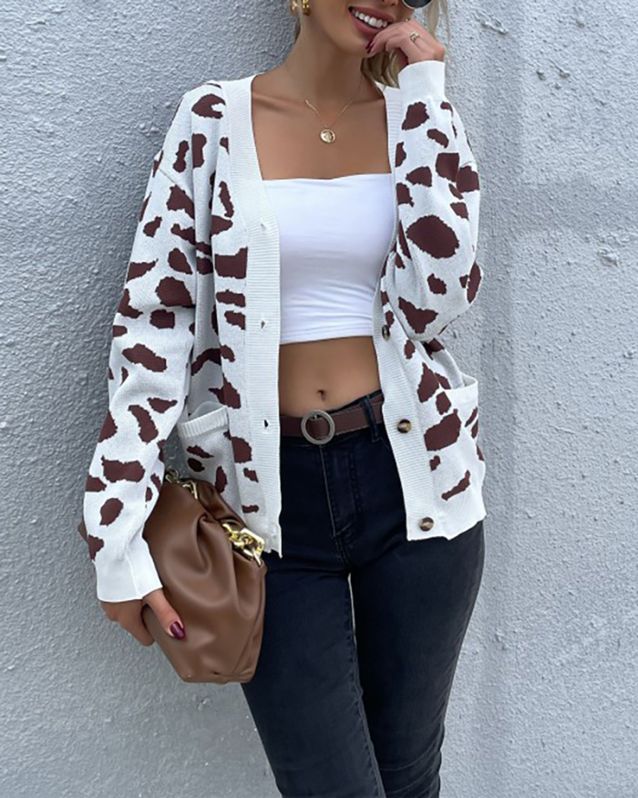 Fashion Women Leopard Long Sleeve Button Pocket Cardigans S-L