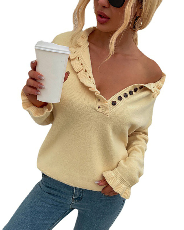Lady Solid Color Long Sleeve Buttons Sweater Tops Yellow Green Black Blue Khaki Red S-XL 