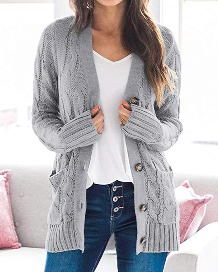 Women Trendy Solid Color V-neck Long Sleeve Sweater Cardigans S-XL