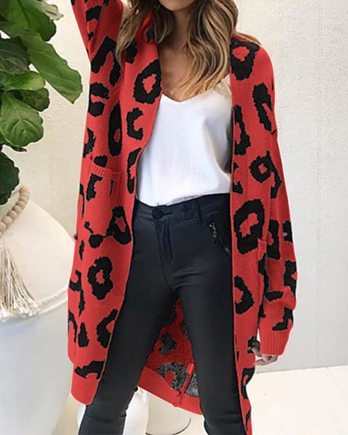 Women Trendy Leopard Pocket Open Front Long Sleeve Sweater Cardigans S-2XL