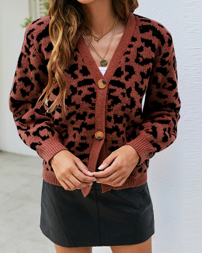 Women Trendy Leopard V-neck Long Sleeve Sweater Cardigans Khaki Red Army Green Coffee S-XL