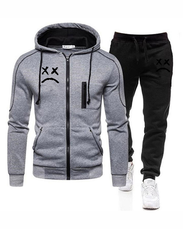 Men Zipper Colorblock Hooded Two Piece Set Black Gray Gray S-3XL 