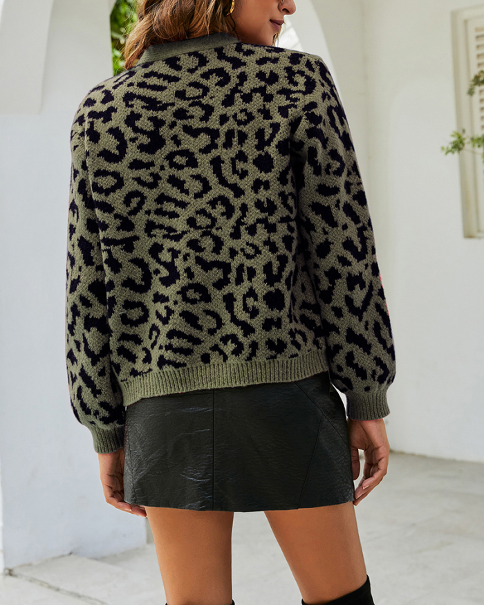 Women Trendy Leopard V-neck Long Sleeve Sweater Cardigans Khaki Red Army Green Coffee S-XL