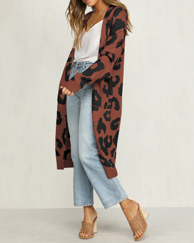 Women Trendy Leopard Pocket Open Front Long Sleeve Sweater Cardigans S-2XL