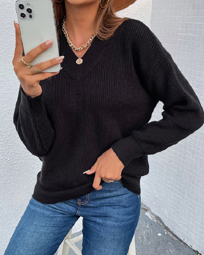 Women Fashion Hollow Out Solid Color V-neck Long Sleeve Sweater Tops Black Blue Apricot Wine Red S-XL