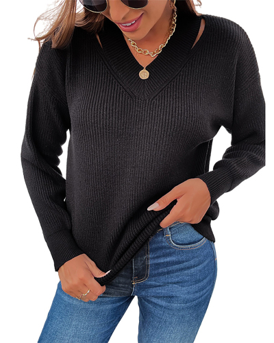 Women Fashion Hollow Out Solid Color V-neck Long Sleeve Sweater Tops Black Blue Apricot Wine Red S-XL