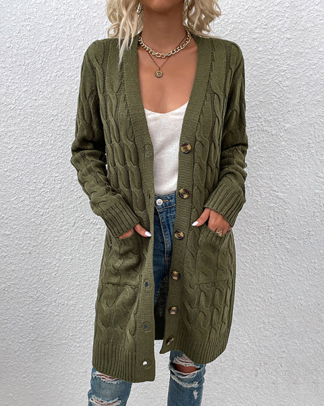  Women Trendy Solid Color V-neck Long Sleeve Buttoms Twist Sweater Cardigans Pocket S-XL