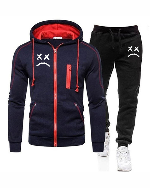 Men Zipper Colorblock Hooded Two Piece Set Black Gray Gray S-3XL 